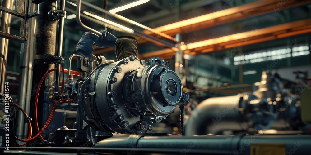 Poster a technician setting up a mechanical pump in a factory. the process involves aligning the pump with 