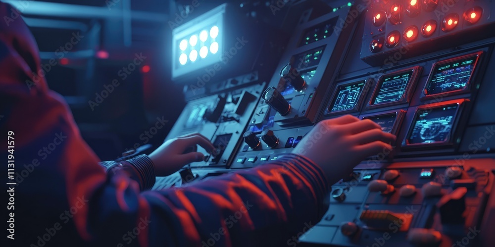 Aufkleber An industrial worker adjusting control panels for automated machines. Bright lights and complex gears are visible in the background.