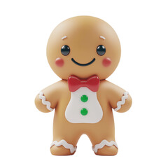 Obraz premium Adorable gingerbread man in 3D front view with a bow tie, featuring red, green, and white festive colors. Perfect for holiday-themed designs and cheerful seasonal concepts.