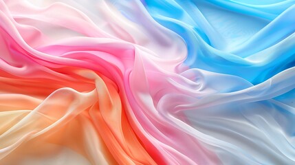 Obraz premium A silky, wavy pattern of vibrant rainbow colors--blue, pink, and orange--rippling across a soft white canvas.