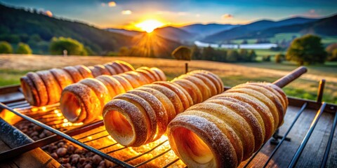 Fototapeta premium Golden kurtoskalacs grilling on a rustic landscape, a sweet Hungarian treat.