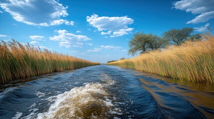 Serene river scene with tall reeds and blue sky.