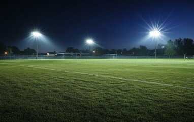 Night soccer field illuminated by bright stadium lights.