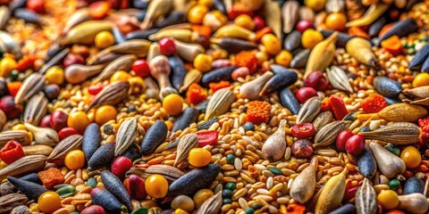 Gritty textures of seeds and grains illuminate nocturnal bird and livestock feed.