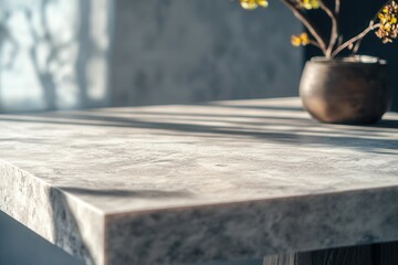 Obraz premium Close-up of a textured table with a vase and shadows.