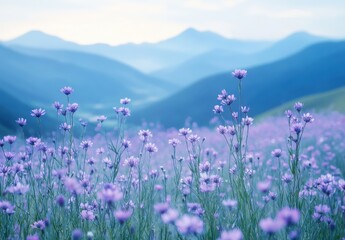 Obraz premium Serene Landscape of Purple Wildflowers Blossoming in Nature with Mountains in the Background Under Soft Blue Sky During a Peaceful Day