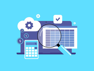 Cloud-based accounting - financial audits, budget analysis, profit tracking, automated calculations, data storage and secure cloud tools for managing finance and generating ai reports illustration