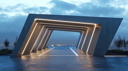 Minimalist futuristic gate with sharp angular lines and embedded solar-powered LED strips