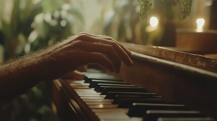 A hairy hand gently plays an old piano