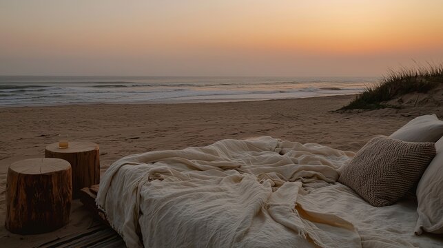 Cozy beach setup at sunset with soft blankets and wooden stools.