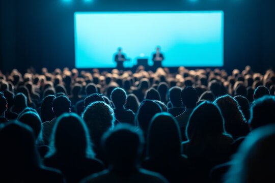 Large audience at a conference listening to speakers on stage with a big screen.
