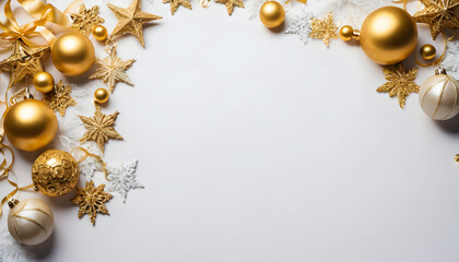 Fototapeta premium Festive golden Christmas decorations and ornaments arranged on a white background with copy space