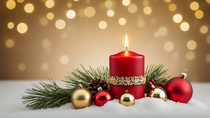 Christmas scene, red candle glowing, winter snow-covered ground, peaceful serene landscape, frosty nature