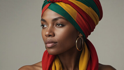 Portrait of a woman in a bright ethnic outfit on a neutral background.Spectacular African woman in a cultural headdress