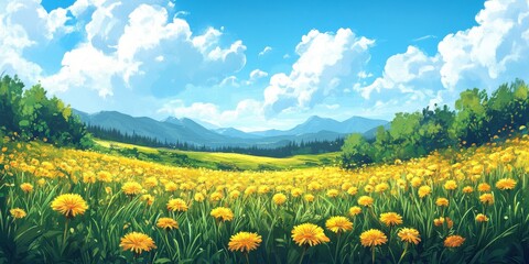 Fototapeta premium Vibrant Landscape with Blooming Dandelions and Majestic Mountains Under a Bright Blue Sky Full of Fluffy White Clouds Capturing Nature's Serenity and Beauty