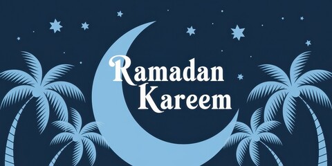 Ramadan Kareem - Crescent Moon and Starry Night Sky with Palm Trees