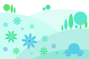 Obraz premium Eco-friendly green car with flowers coming from the exhaust pipe, with abstract fields and trees or wood in the background. Light blue and green color. Infographics, posters, website, brochures, print