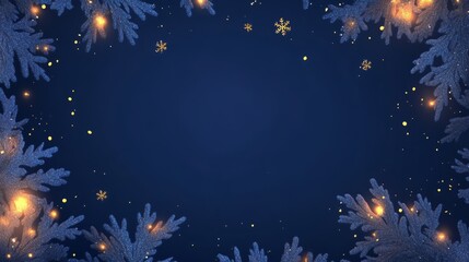 Fototapeta premium A festive navy design with intricate white snowflakes and shiny gold sequins radiating from the edges, creating an empty space in the middle realistic