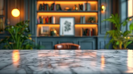 Fototapeta premium Polished Marble Tabletop in a Luxurious Study with Warm Lighting