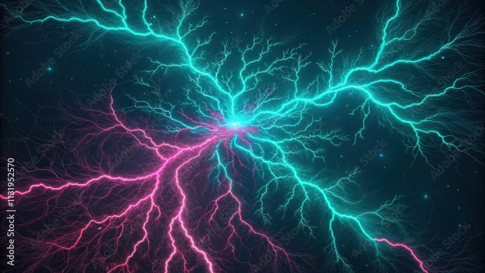 Wall mural turquoise and pink lightning is spreading from the center to the edges of dark space, creating a cap
