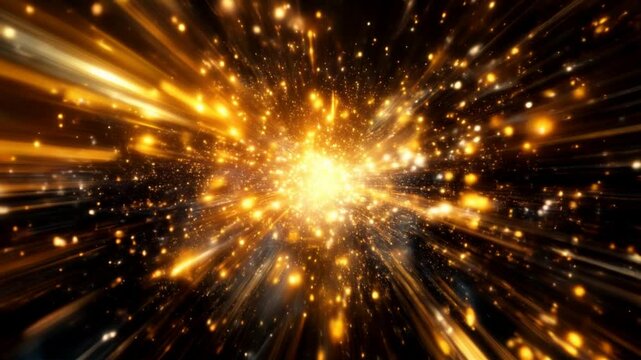 Abstract universe space in golden trails and dot particles, infinite zoom effect. Festive abstract fireworks space stars.
