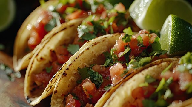 Close-up of delicious tacos with fresh salsa and lime wedges.