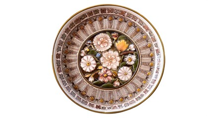 Obraz premium Scalloped circular design with geometric patterns and flowers on transparent background.
