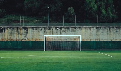 Fototapeta premium Empty Soccer Goal on a Green Field - A Peaceful Sport Scene