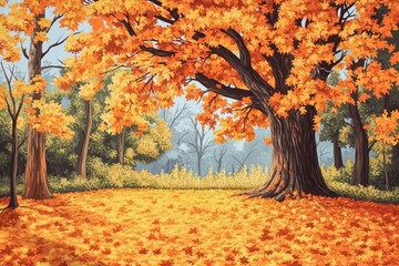 Autumnal forest scene with large maple tree and golden leaves covering the ground.