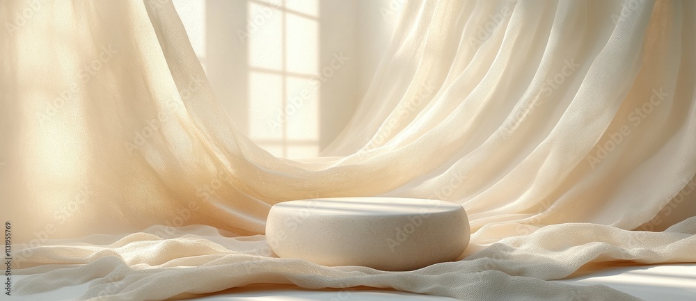 Poster round podium on flowing beige satin fabric for natural cosmetics display in minimalistic modern styl