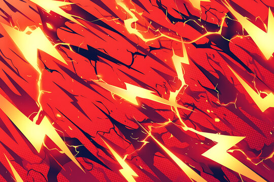 A vibrant, abstract background featuring red and yellow lightning bolts and cracked textures.