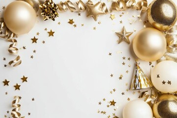 Gold Themed Birthday Party Background with Balloons Decorations Gift Box and Confetti Stars on White Table