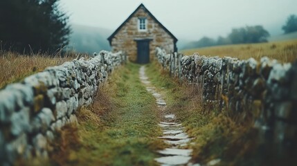 Stone cottage path, misty landscape.
