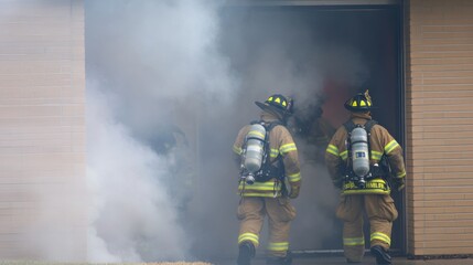 Firefighters with breathing apparatus, entering a smoky building during a rescue mission