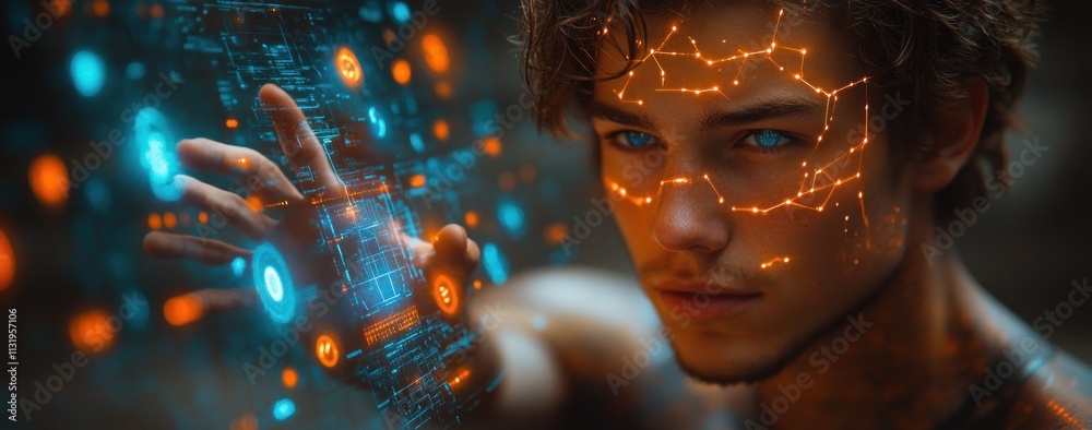 Poster futuristic businessman interacting with holographic interface in cyberpunk style technology and ai
