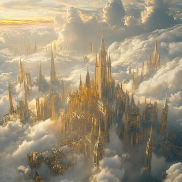 Fantasy heaven golden on clouds. 3d render. Futuristic city.