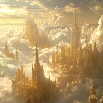 Fantasy heaven golden on clouds. 3D illustration of futuristic sci-fi city.