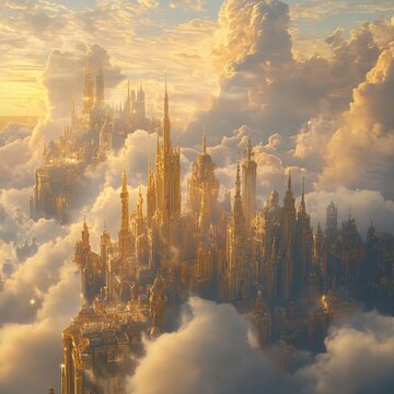 Fantasy heaven golden on clouds. 3D illustration. 3D CG. High resolution.