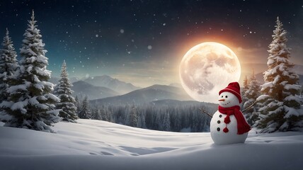 Obraz premium Winter Wonderland: Snowman Under the Full Moon