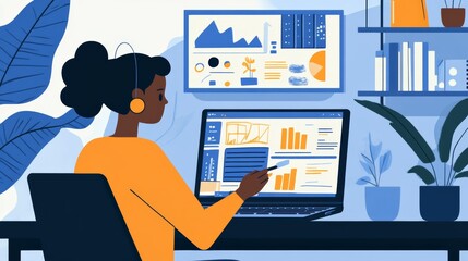 Fototapeta premium Freelancer updating side hustle portfolio on a laptop, with graphics and designs displayed