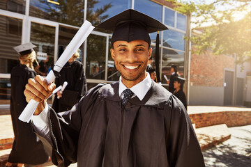 Portrait, happy man and graduate celebrate with diploma for education achievement at university....