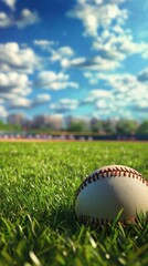 Baseball rests on green grass, under a sunny sky