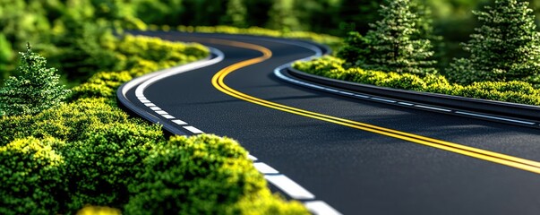 A scenic winding road surrounded by lush greenery and trees, inviting travelers to explore the natural beauty of the landscape.