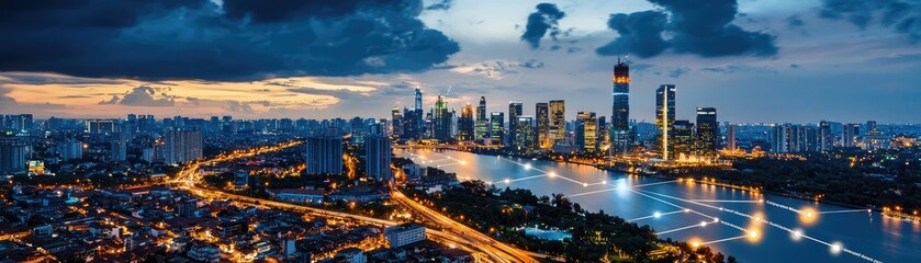 Fototapeta premium A stunning panoramic view of a vibrant city skyline at dusk, reflected in a river, showcasing modern architecture and illuminated streets.