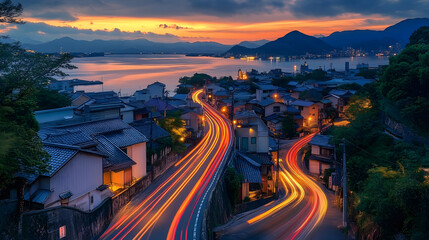 Fototapeta premium Japanese Coastal Town at Sunset with Light Trails