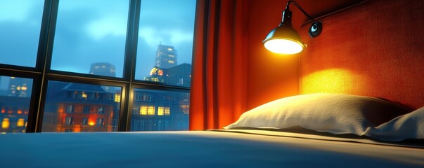 Cozy bedroom retreat cityscape interior design modern environment nighttime view tranquility concept for relaxation