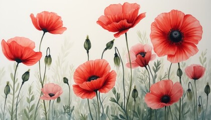 Fototapeta premium A stunning array of red and pink poppy flowers sways gently against a soft, muted background, evoking a sense of tranquility and beauty. The delicate petals and lush green foliage create a harmonious