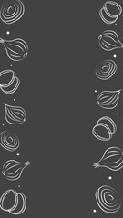 Vector illustration. Juicy vegetable background with copy space for text. Pattern of halves, slices and rings of onion. Sketch style. Hand drawn kitchen ingredients template for culinary themes.