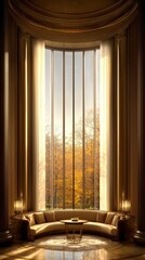 Elegant living room with panoramic window view of autumn landscape modern interior design warm ambiance inviting atmosphere
