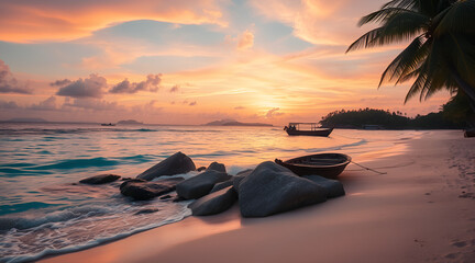 Tranquil tropical beach at sunset, with warm golden and pink skies reflecting on clear turquoise waters, soft sandy shore lined with palm trees, and a small fishing boat anchored nearby